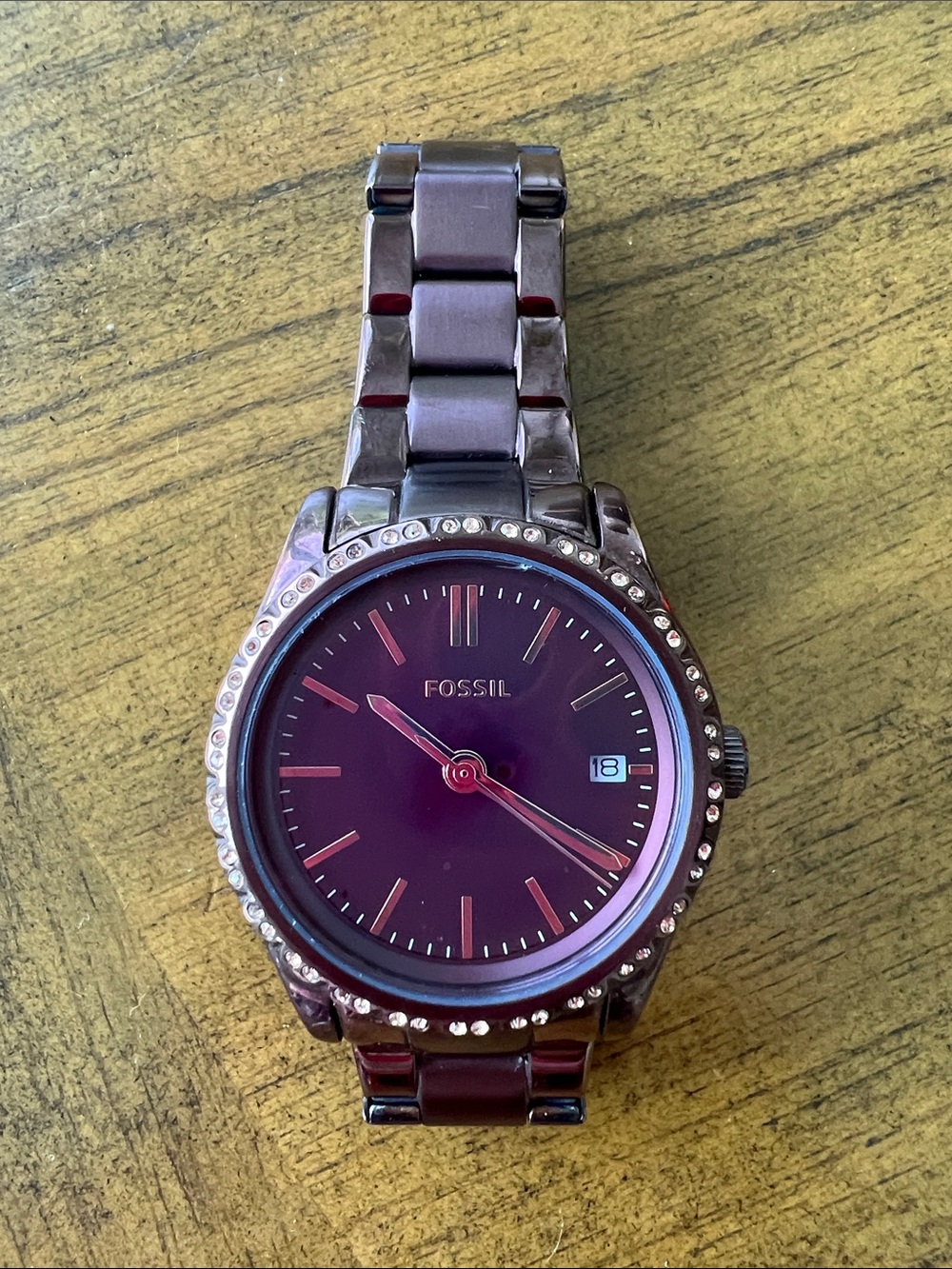 Fossil Deep Purple Crystal Accent Stainless Steel Bracelet Watch